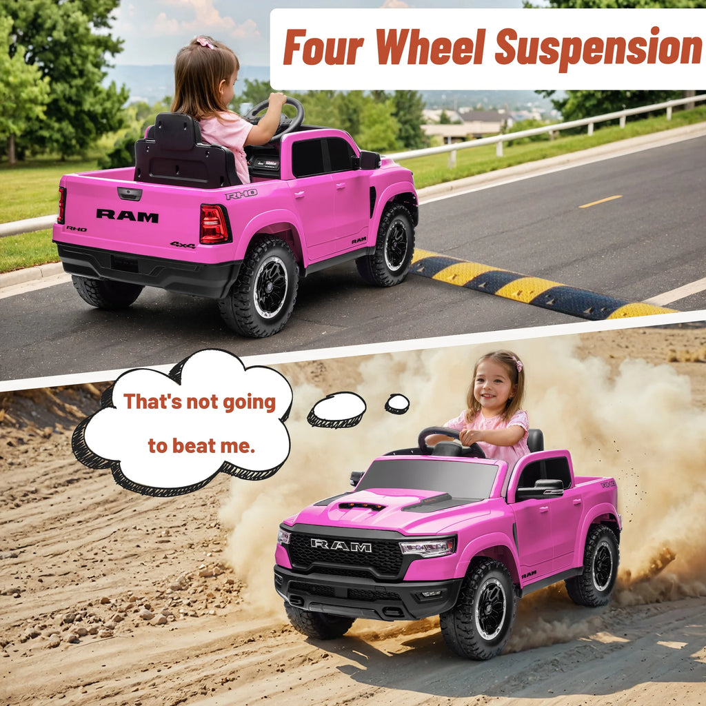 Ram Ride on Car Toys, 12V RAM 1500 Battery Powered Ride on Toy Truck with Remote Control, Electric Car for Kids Girls 3-5 W/ Bluetooth, Rear Storage Trunk, Safety Belt, 4 Wheelers, Pink