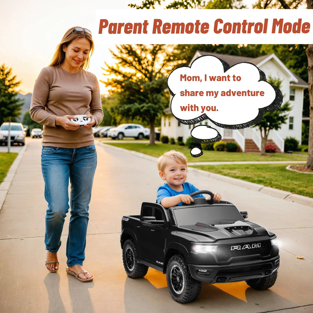Ram Ride on Car Toys, 12V RAM 1500 Battery Powered Ride on Toy Truck with Remote Control, Electric Car for Kids Girls 3-5 W/ Bluetooth, Rear Storage Trunk, Safety Belt, 4 Wheelers, Black