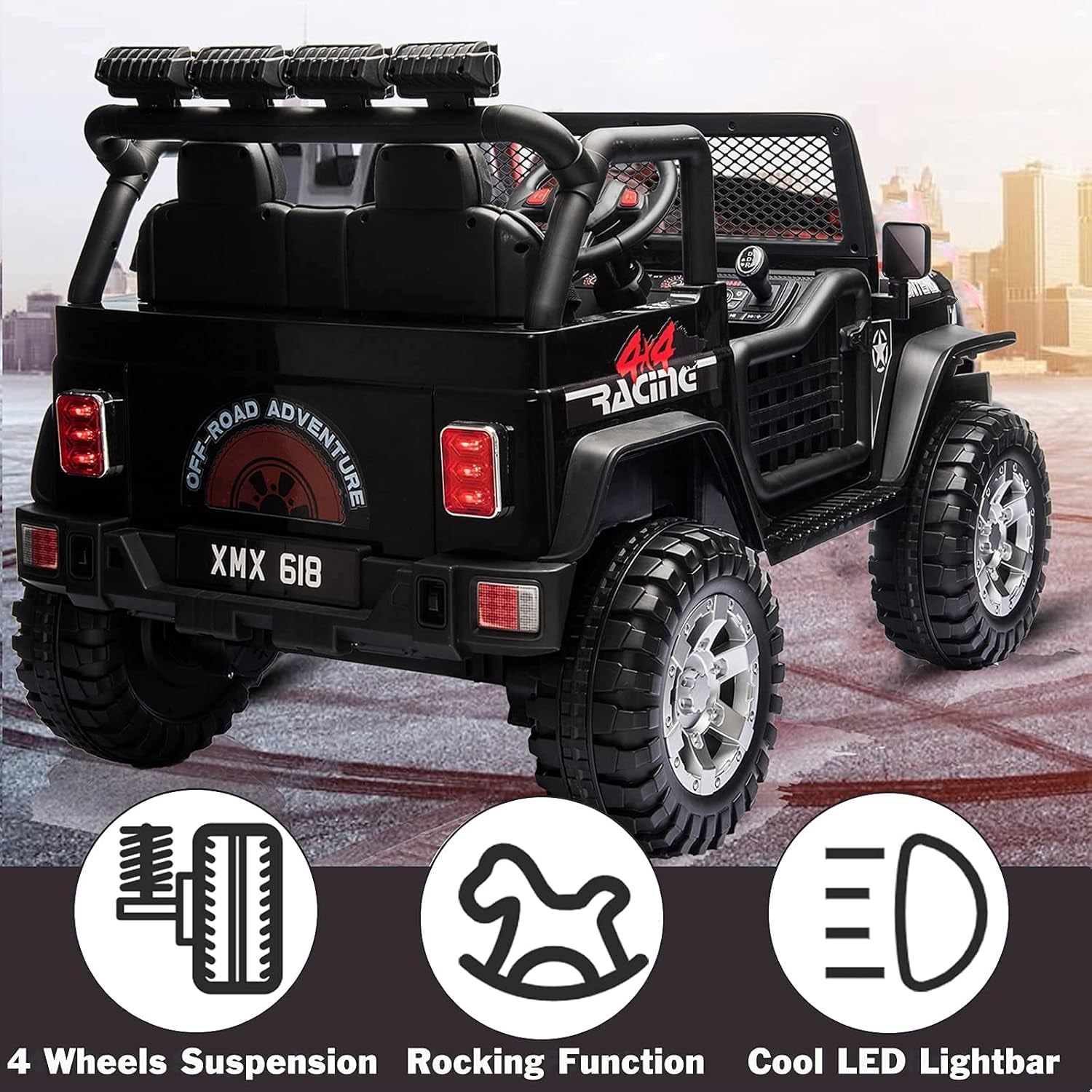 12V Electric Ride on Car with Remote Control Kids Ride on Off-Road Truck Battery Powered Motorized Vehicles Ride on Toys for Kids with Wheels Suspension, Multi-Led Lights, Music, Black