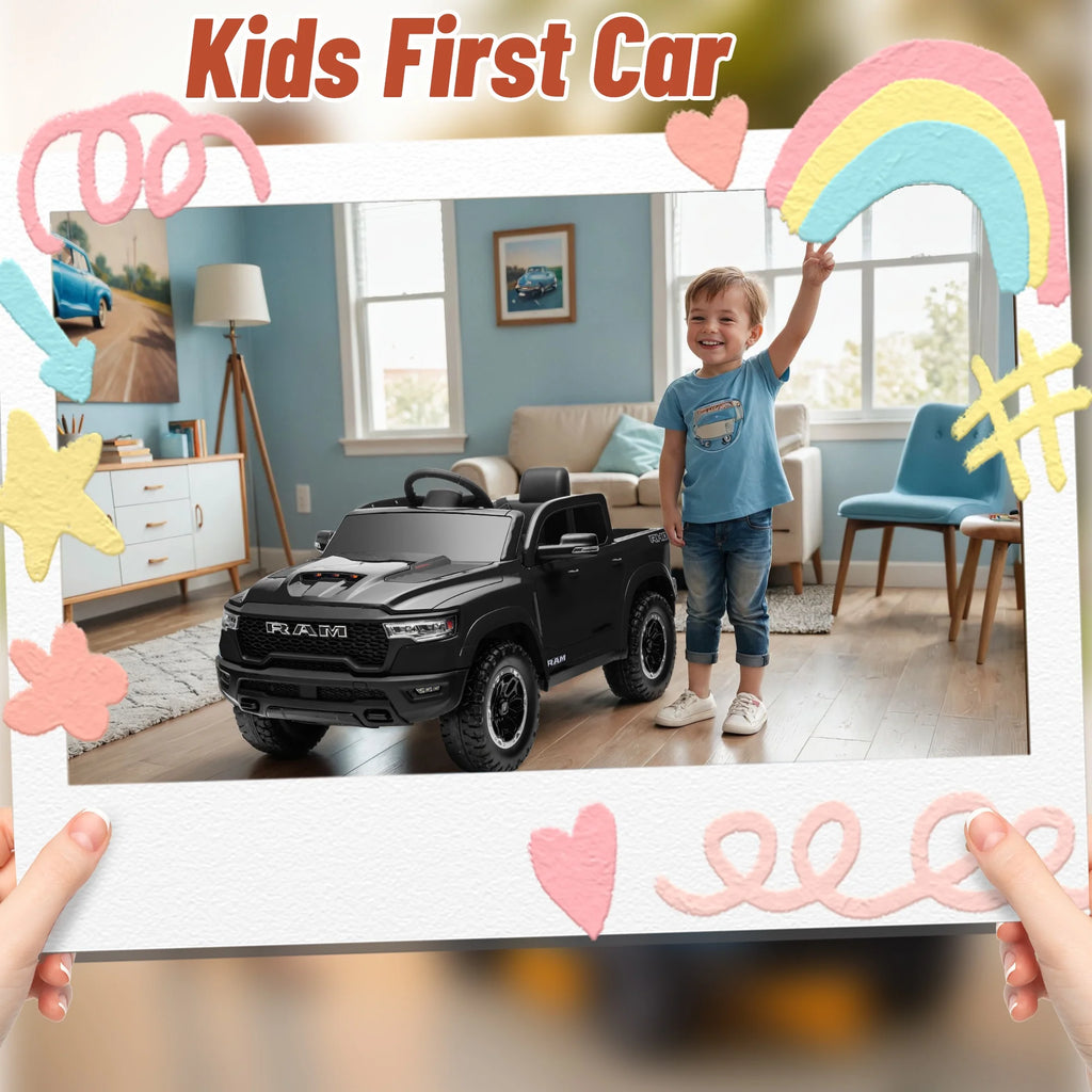 Ram Ride on Car Toys, 12V RAM 1500 Battery Powered Ride on Toy Truck with Remote Control, Electric Car for Kids Girls 3-5 W/ Bluetooth, Rear Storage Trunk, Safety Belt, 4 Wheelers, Black