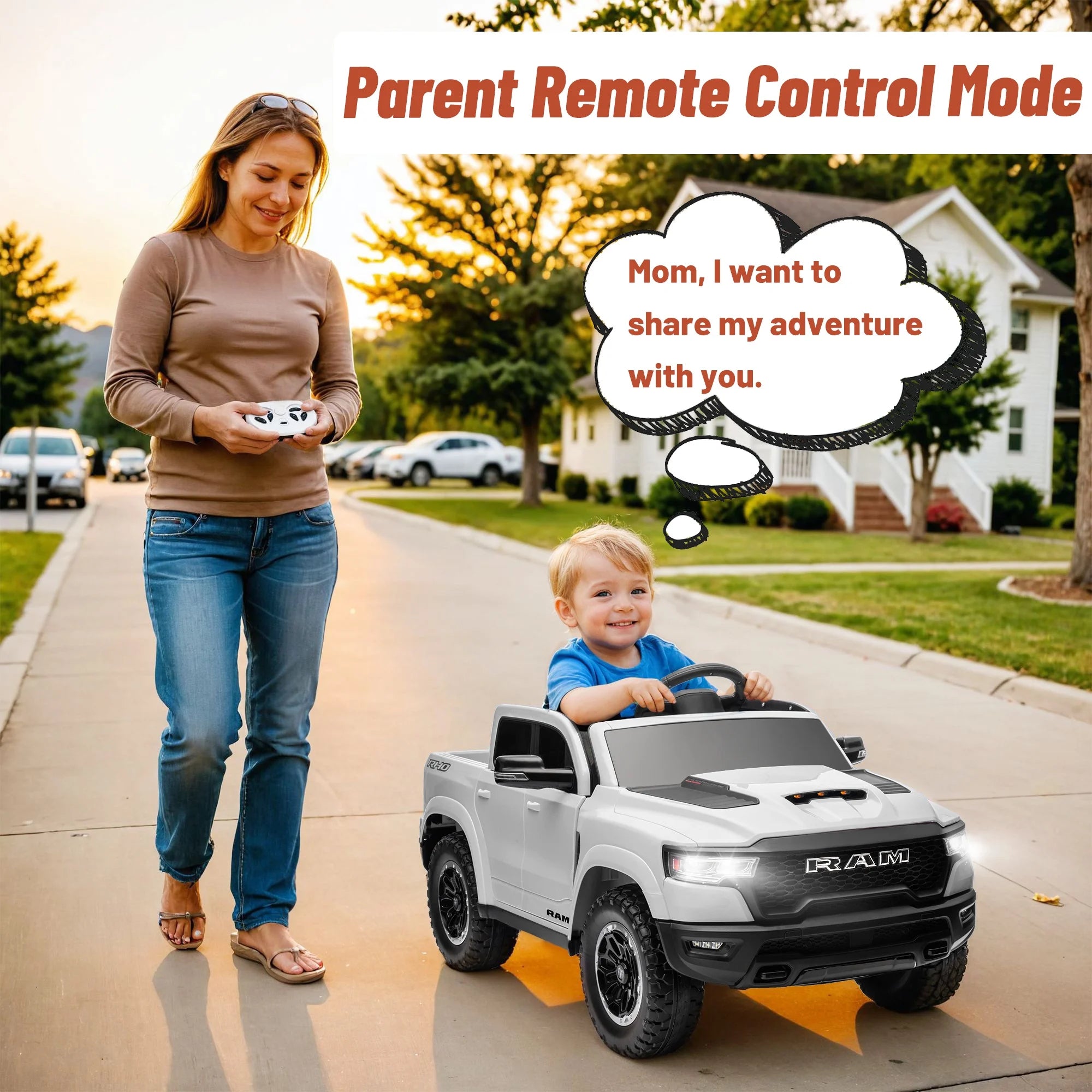 Ram Ride on Car Toys, 12V RAM 1500 Battery Powered Ride on Toy Truck with Remote Control, Electric Car for Kids Girls 3-5 W/ Bluetooth, Rear Storage Trunk, Safety Belt, 4 Wheelers, White
