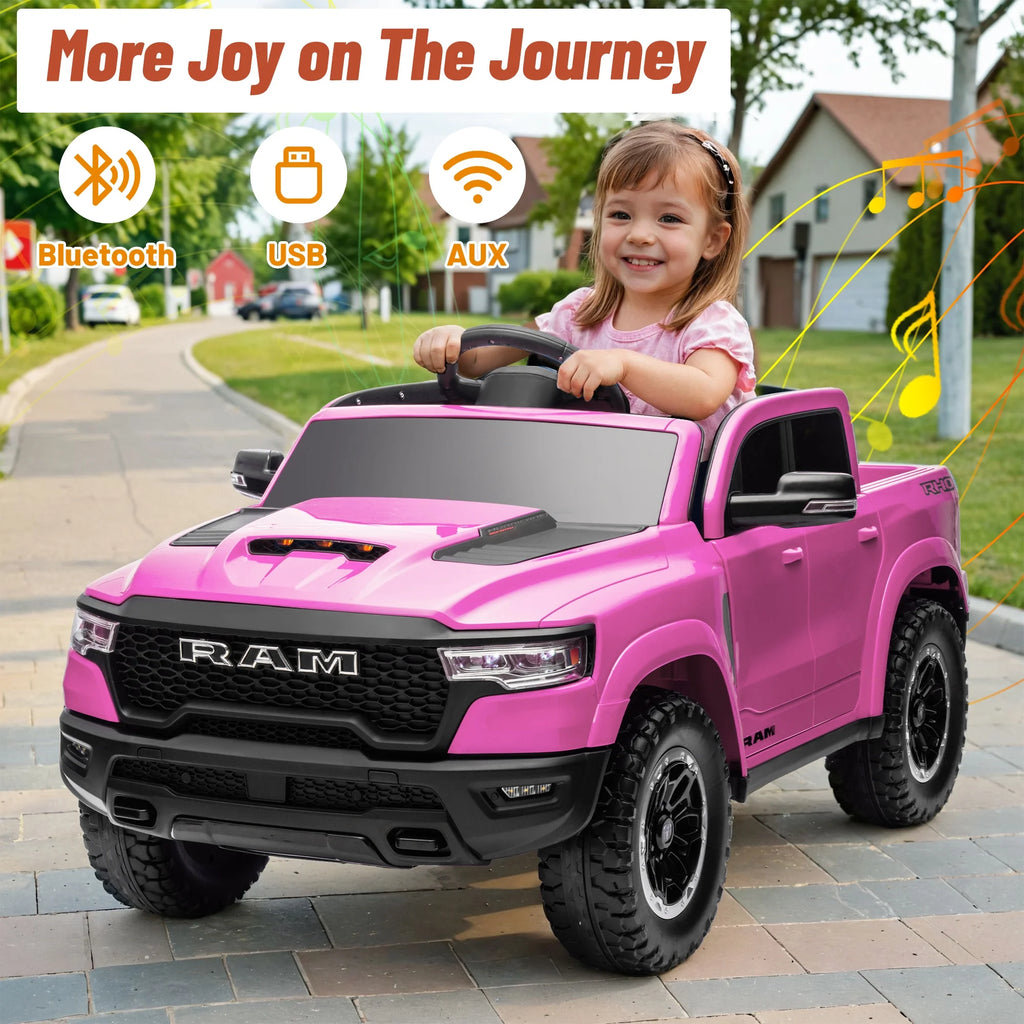 Ram Ride on Car Toys, 12V RAM 1500 Battery Powered Ride on Toy Truck with Remote Control, Electric Car for Kids Girls 3-5 W/ Bluetooth, Rear Storage Trunk, Safety Belt, 4 Wheelers, Pink