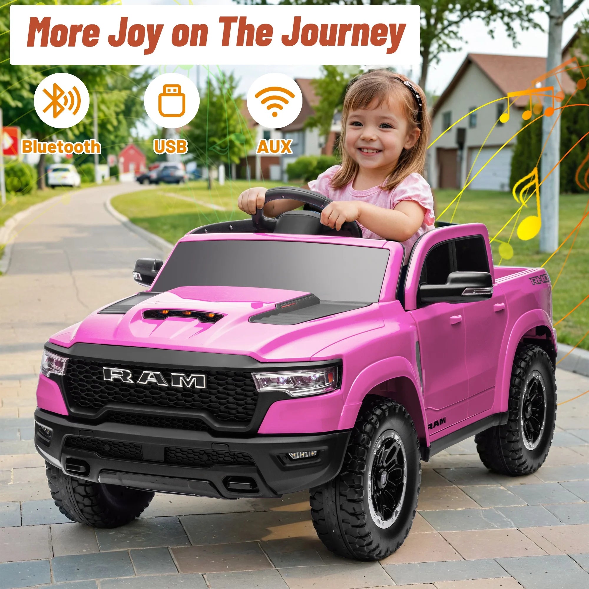 Ram Ride on Car Toys, 12V RAM 1500 Battery Powered Ride on Toy Truck with Remote Control, Electric Car for Kids Girls 3-5 W/ Bluetooth, Rear Storage Trunk, Safety Belt, 4 Wheelers, Pink