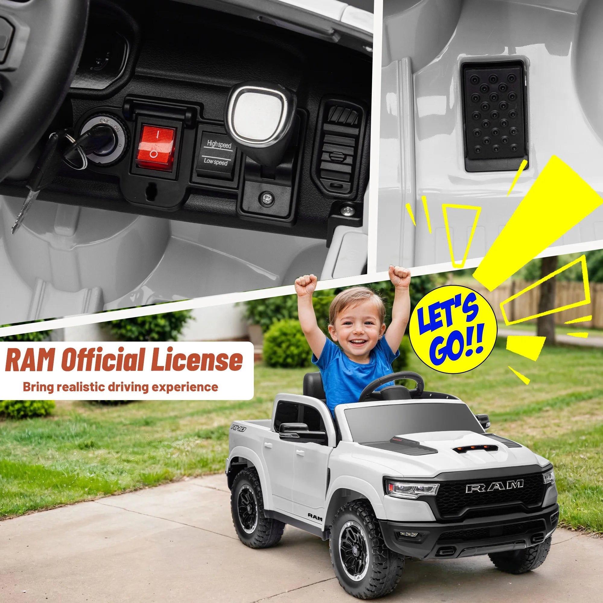 Ram Ride on Car Toys, 12V RAM 1500 Battery Powered Ride on Toy Truck with Remote Control, Electric Car for Kids Girls 3-5 W/ Bluetooth, Rear Storage Trunk, Safety Belt, 4 Wheelers, White