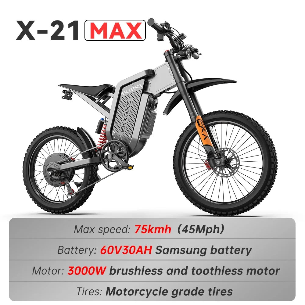 EKX X21 MAX Electric Moutain Dirt Bike for Adults,3000W (Peak 6000W) 45MPH 60V 30AH Removable Samsung Battery E-Bike,19"X2" Offroad Tire Electric Motorcycle Bicycle 7 Speed Full Suspension UL2849