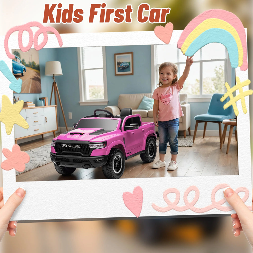 Ram Ride on Car Toys, 12V RAM 1500 Battery Powered Ride on Toy Truck with Remote Control, Electric Car for Kids Girls 3-5 W/ Bluetooth, Rear Storage Trunk, Safety Belt, 4 Wheelers, Pink
