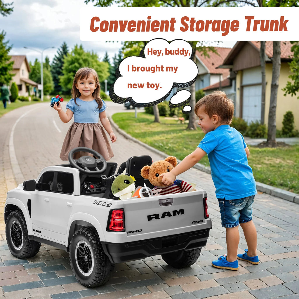 Ram Ride on Car Toys, 12V RAM 1500 Battery Powered Ride on Toy Truck with Remote Control, Electric Car for Kids Girls 3-5 W/ Bluetooth, Rear Storage Trunk, Safety Belt, 4 Wheelers, White