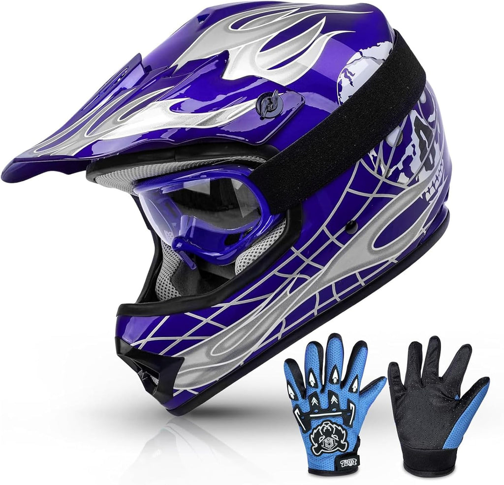 Blue Kids Motorcycle Motocross ATV Dirtbike BMX MX Offroad Full Face Youth Helmet Gloves Goggles Dot Approved