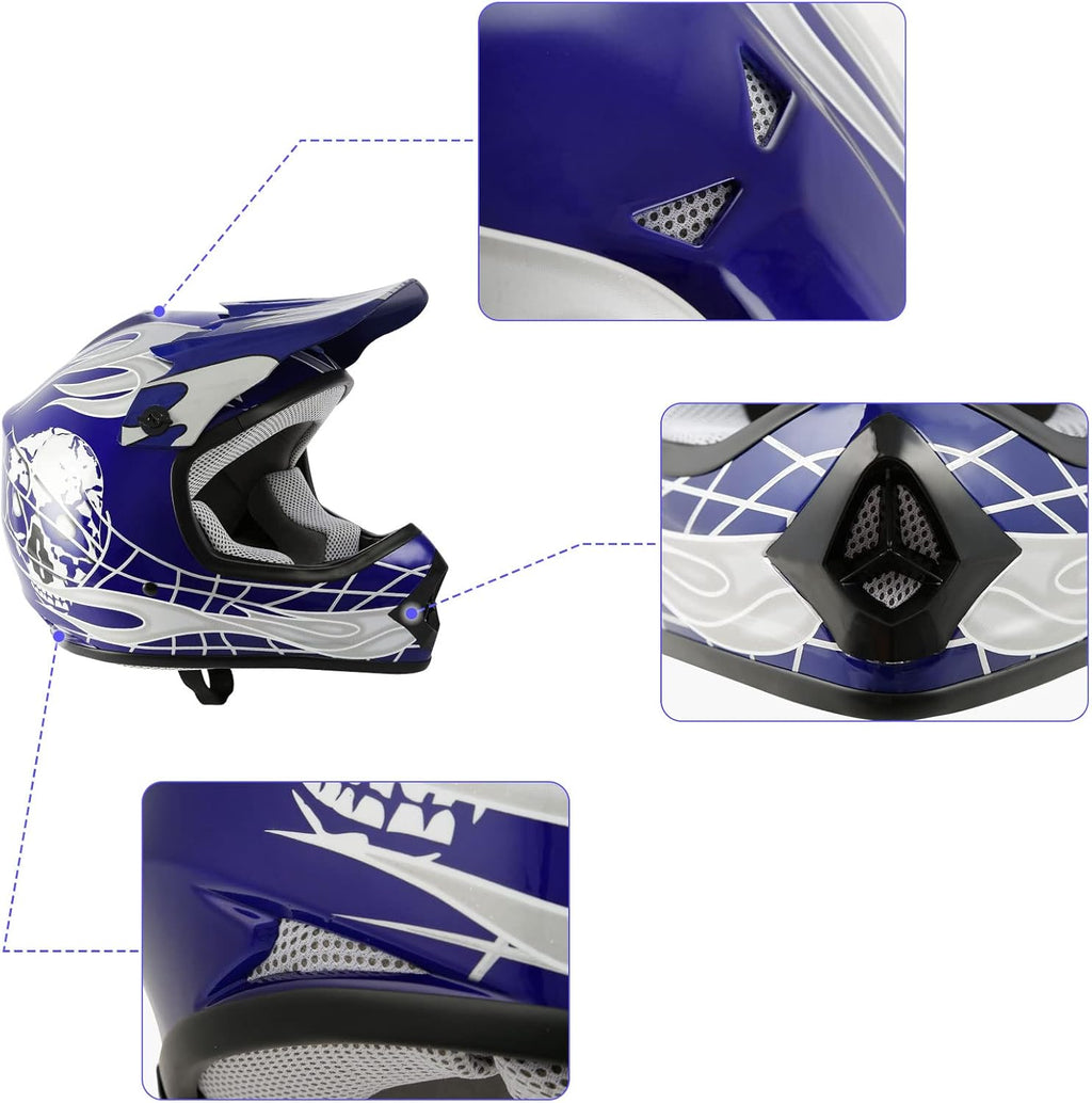 Blue Kids Motorcycle Motocross ATV Dirtbike BMX MX Offroad Full Face Youth Helmet Gloves Goggles Dot Approved