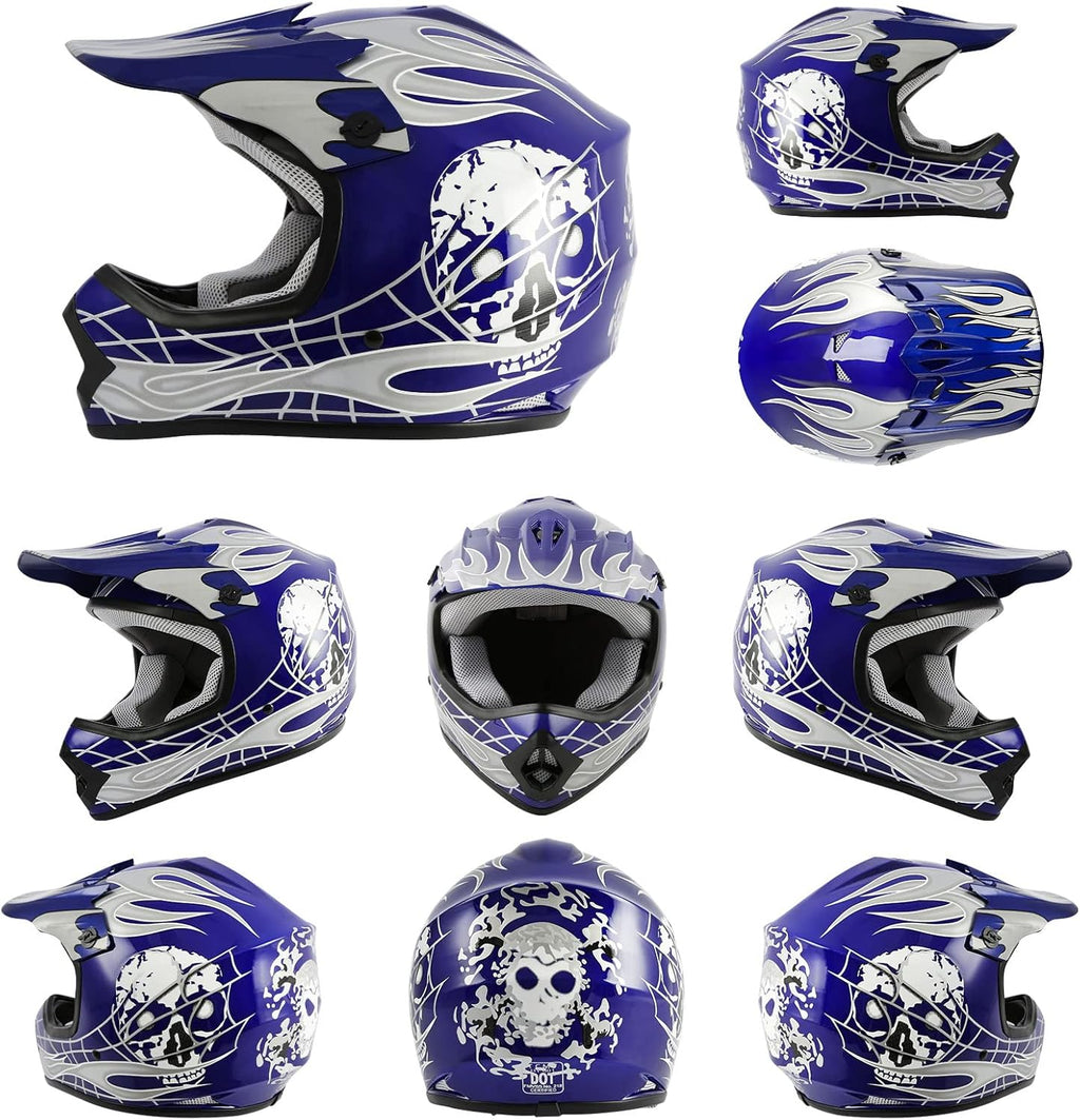 Blue Kids Motorcycle Motocross ATV Dirtbike BMX MX Offroad Full Face Youth Helmet Gloves Goggles Dot Approved