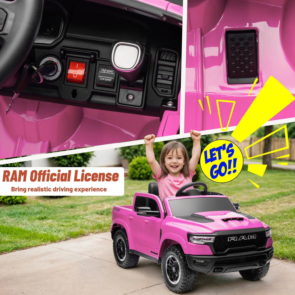 Ram Ride on Car Toys, 12V RAM 1500 Battery Powered Ride on Toy Truck with Remote Control, Electric Car for Kids Girls 3-5 W/ Bluetooth, Rear Storage Trunk, Safety Belt, 4 Wheelers, Pink