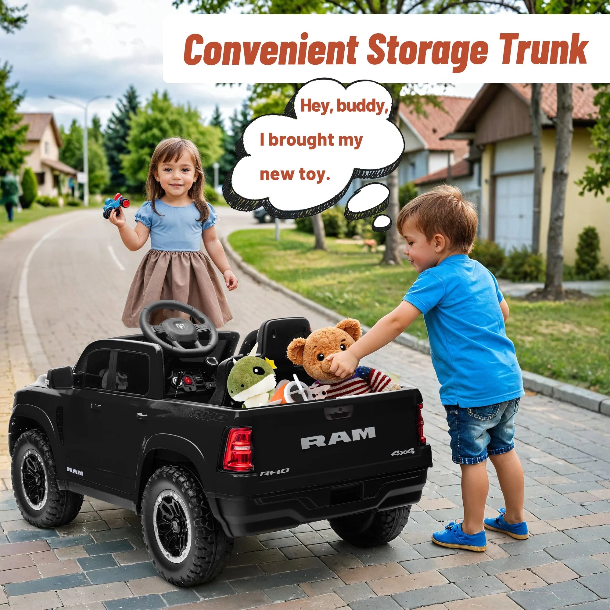 Ram Ride on Car Toys, 12V RAM 1500 Battery Powered Ride on Toy Truck with Remote Control, Electric Car for Kids Girls 3-5 W/ Bluetooth, Rear Storage Trunk, Safety Belt, 4 Wheelers, Black