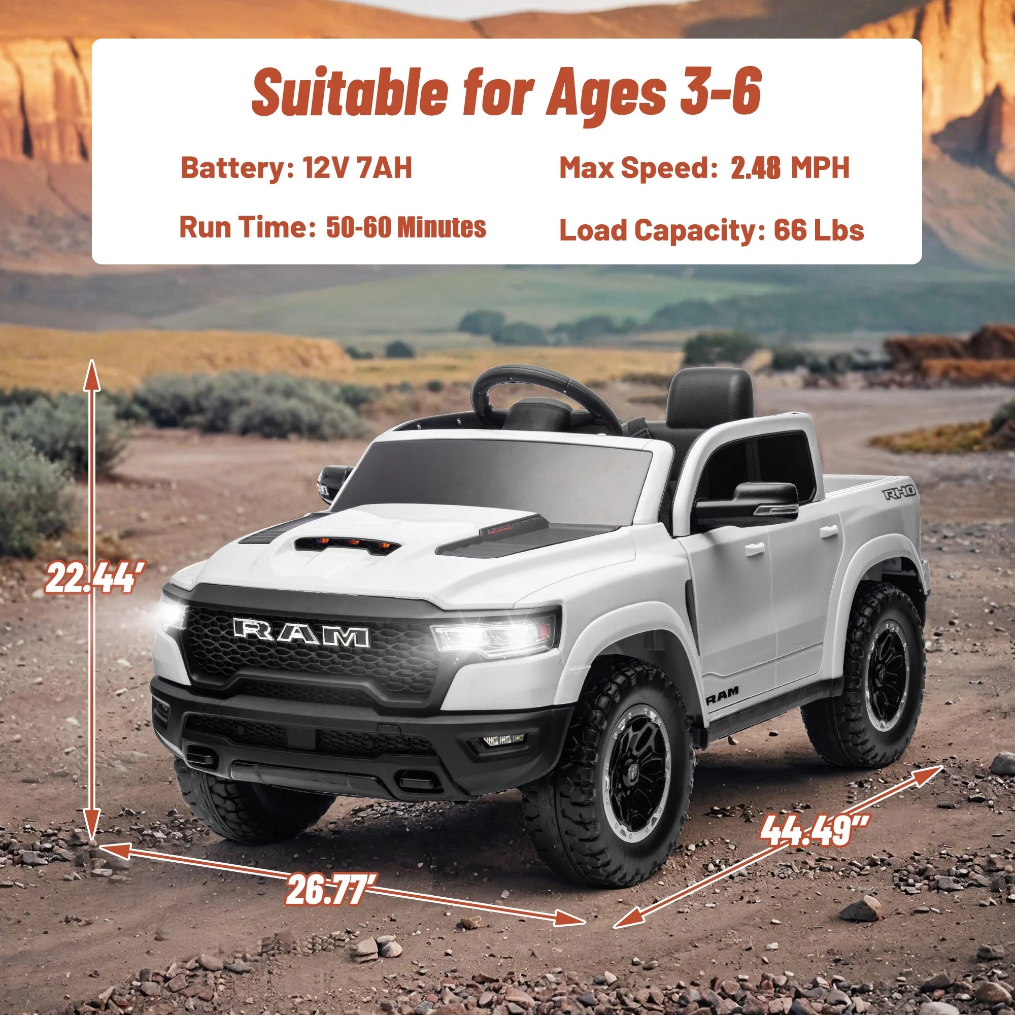 Ram Ride on Car Toys, 12V RAM 1500 Battery Powered Ride on Toy Truck with Remote Control, Electric Car for Kids Girls 3-5 W/ Bluetooth, Rear Storage Trunk, Safety Belt, 4 Wheelers, White