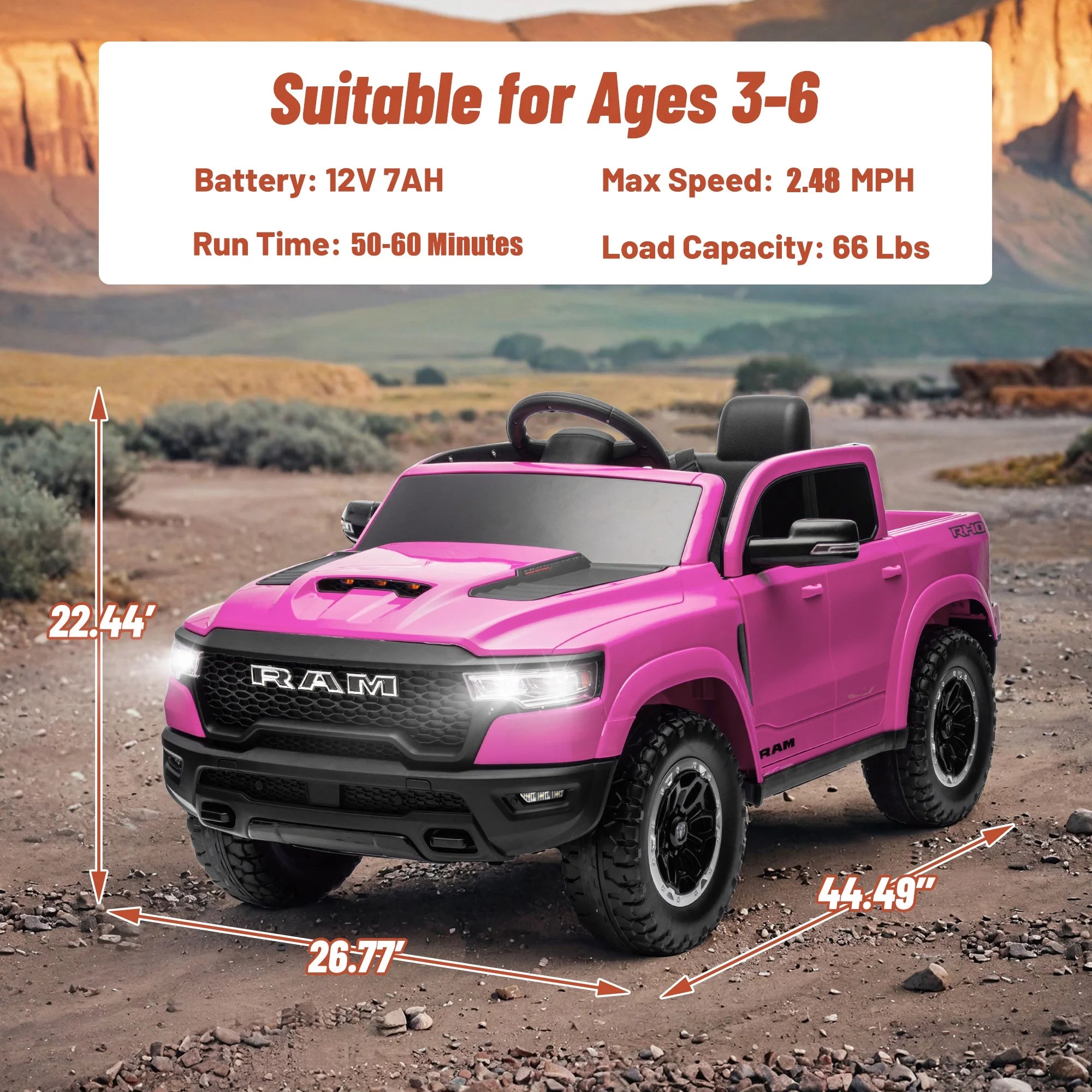 Ram Ride on Car Toys, 12V RAM 1500 Battery Powered Ride on Toy Truck with Remote Control, Electric Car for Kids Girls 3-5 W/ Bluetooth, Rear Storage Trunk, Safety Belt, 4 Wheelers, Pink