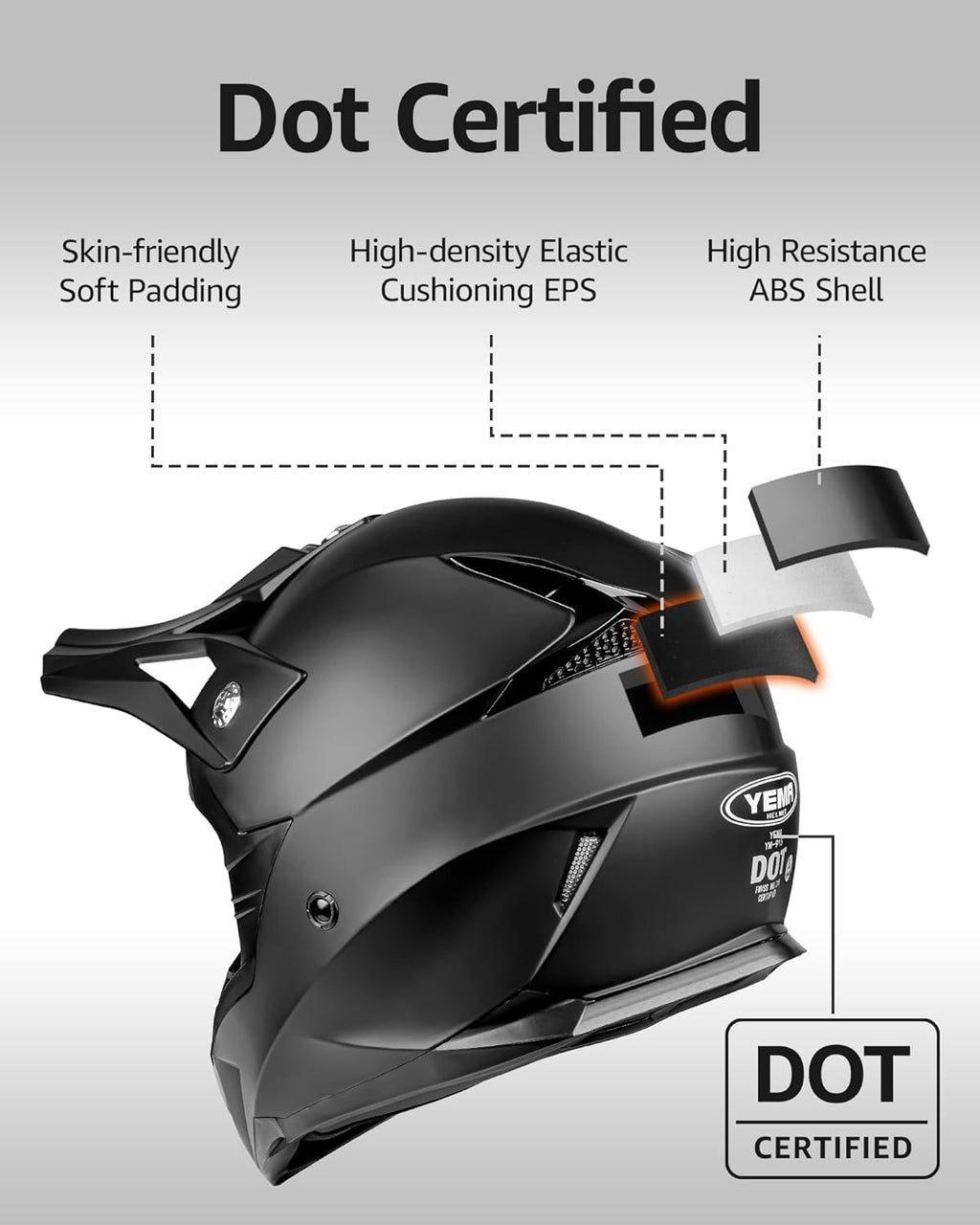 Dirt Bike Helmet DOT Approved - Motocross ATV MX BMX Offroad Full Face Helmet with 8 Ventilation Vents & Removable Liner, Adult Unisex Motorcycle Helmet for Trail Riding - YM-915