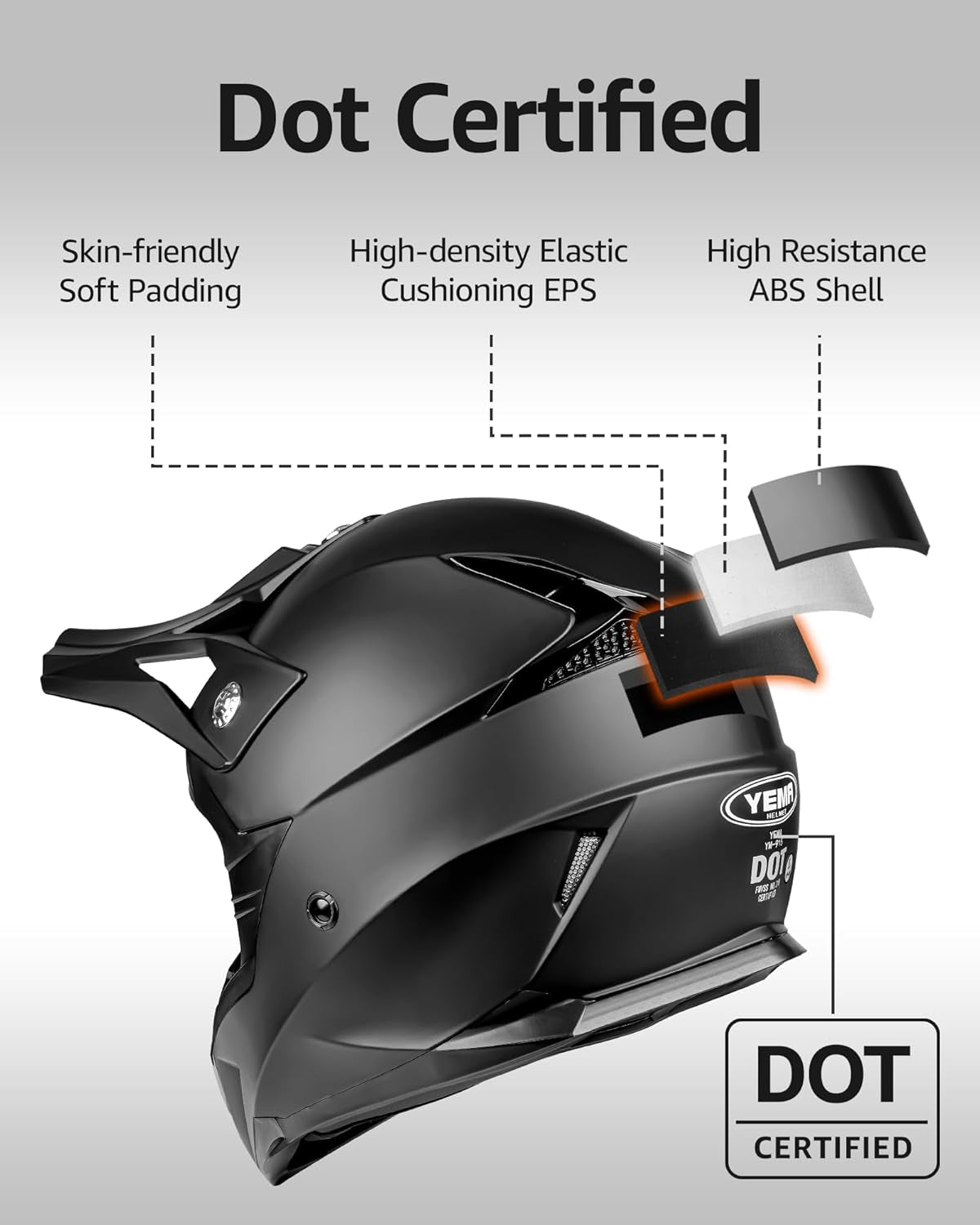 Dirt Bike Helmet DOT Approved - Motocross ATV MX BMX Offroad Full Face Helmet with 8 Ventilation Vents & Removable Liner, Adult Unisex Motorcycle Helmet for Trail Riding - YM-915