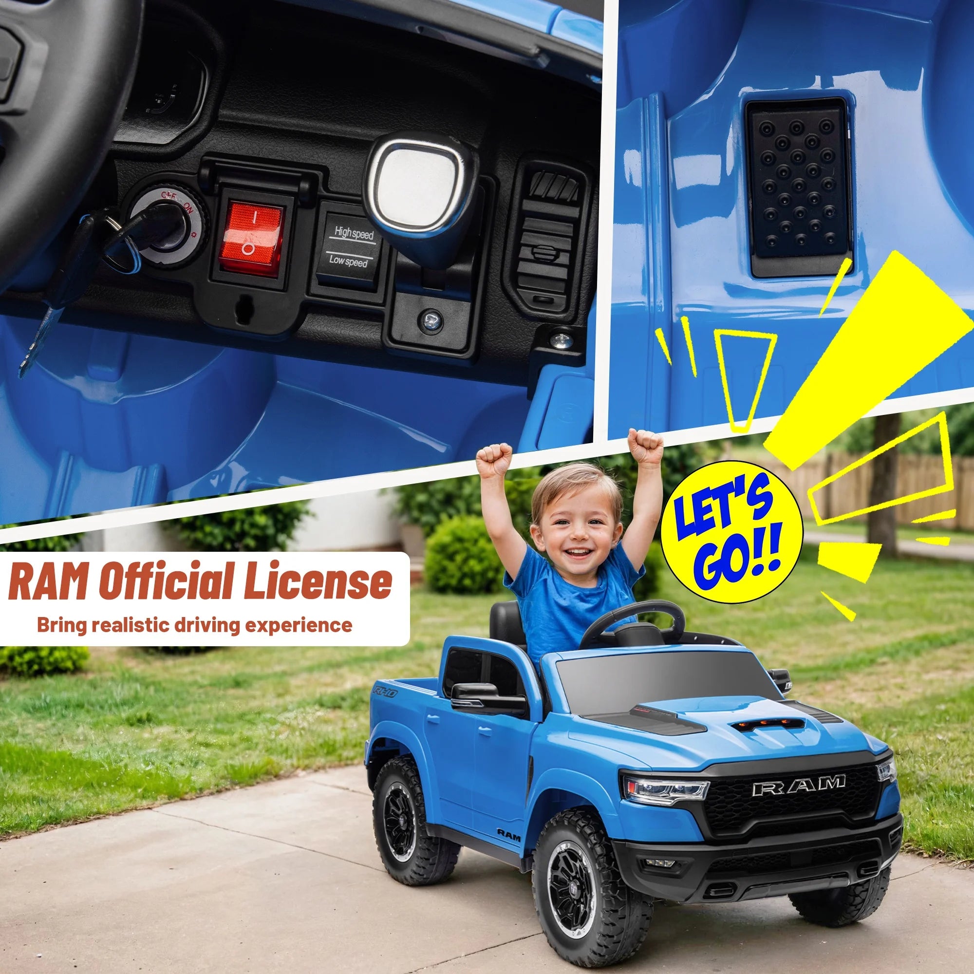 Ram Ride on Car Toys, 12V RAM 1500 Battery Powered Ride on Toy Truck with Remote Control, Electric Car for Kids Girls 3-5 W/ Bluetooth, Rear Storage Trunk, Safety Belt, 4 Wheelers, Blue