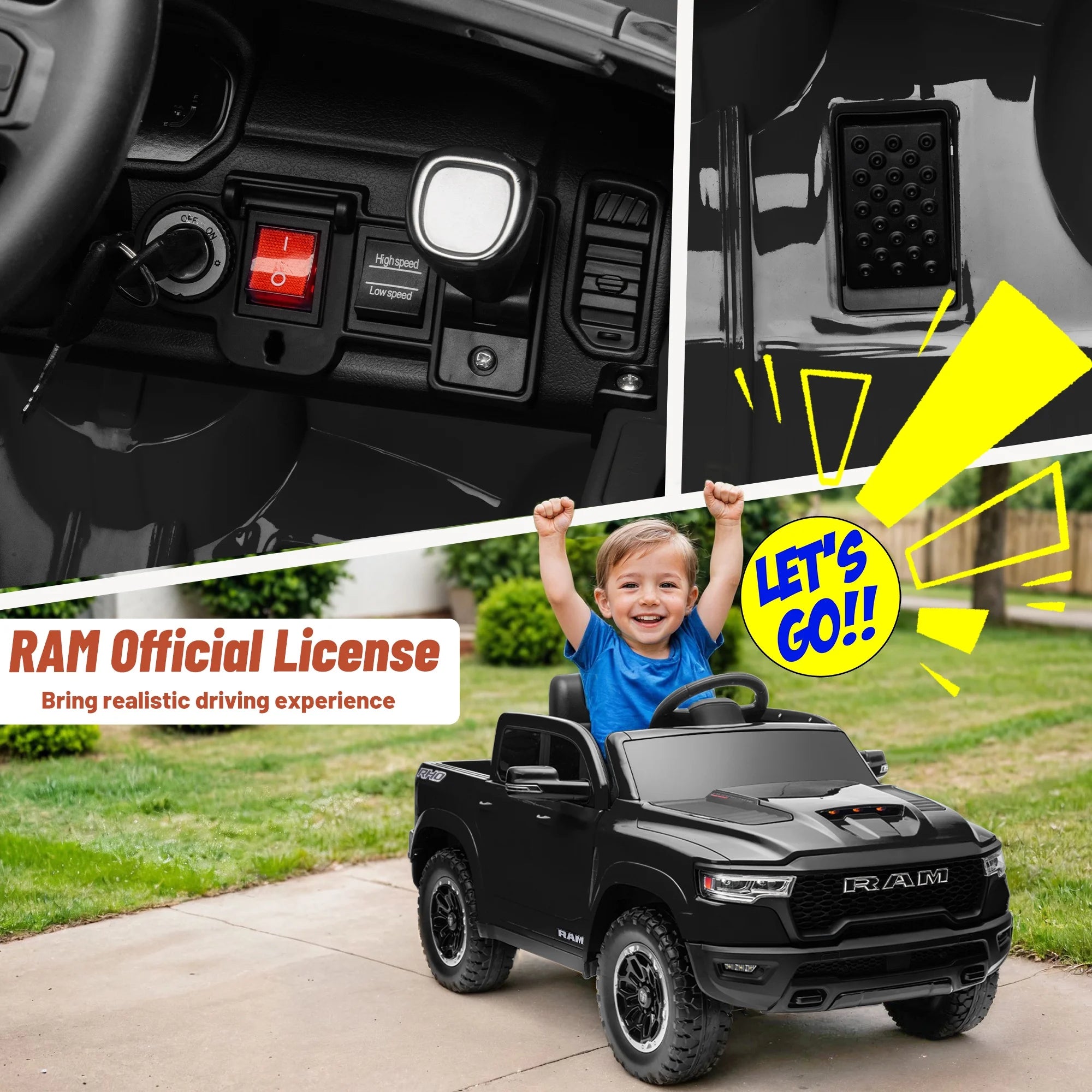 Ram Ride on Car Toys, 12V RAM 1500 Battery Powered Ride on Toy Truck with Remote Control, Electric Car for Kids Girls 3-5 W/ Bluetooth, Rear Storage Trunk, Safety Belt, 4 Wheelers, Black