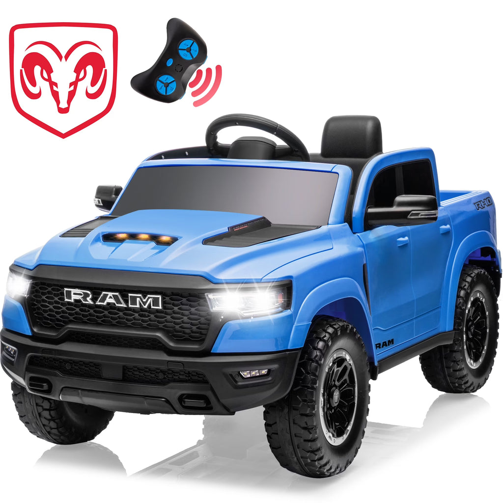 Ram Ride on Car Toys, 12V RAM 1500 Battery Powered Ride on Toy Truck with Remote Control, Electric Car for Kids Girls 3-5 W/ Bluetooth, Rear Storage Trunk, Safety Belt, 4 Wheelers, Blue