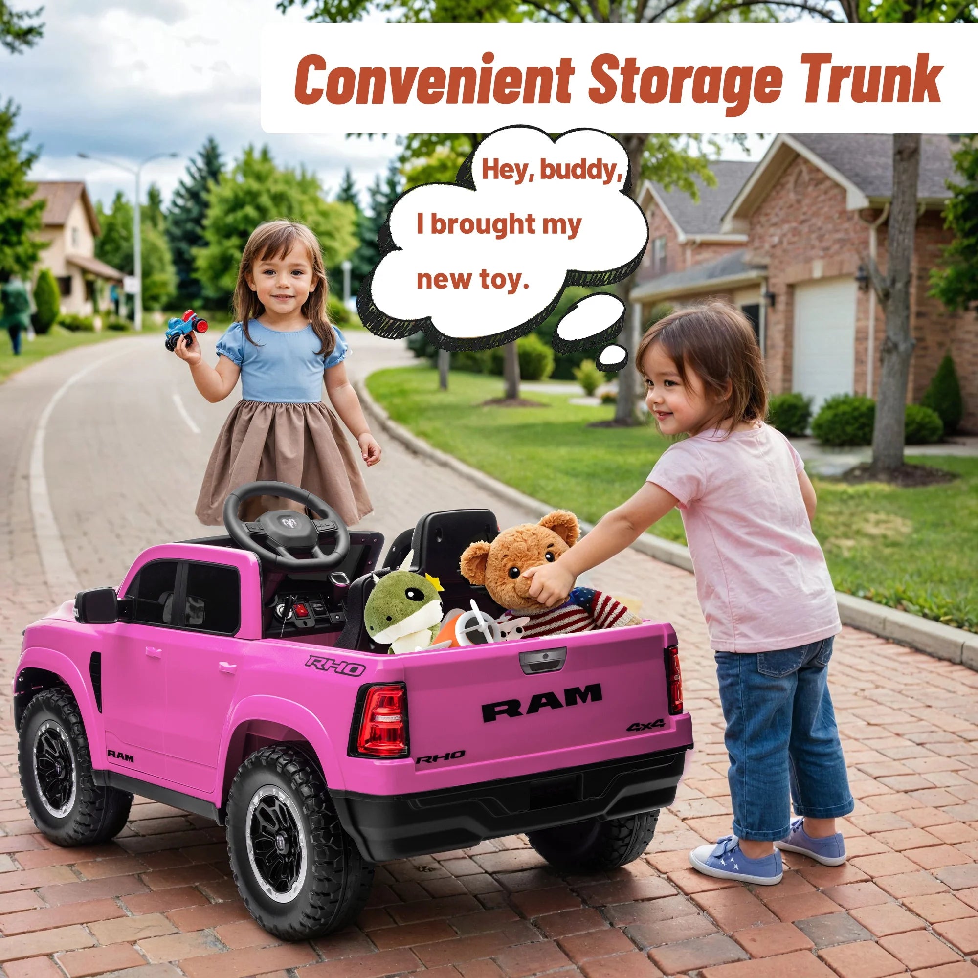 Ram Ride on Car Toys, 12V RAM 1500 Battery Powered Ride on Toy Truck with Remote Control, Electric Car for Kids Girls 3-5 W/ Bluetooth, Rear Storage Trunk, Safety Belt, 4 Wheelers, Pink