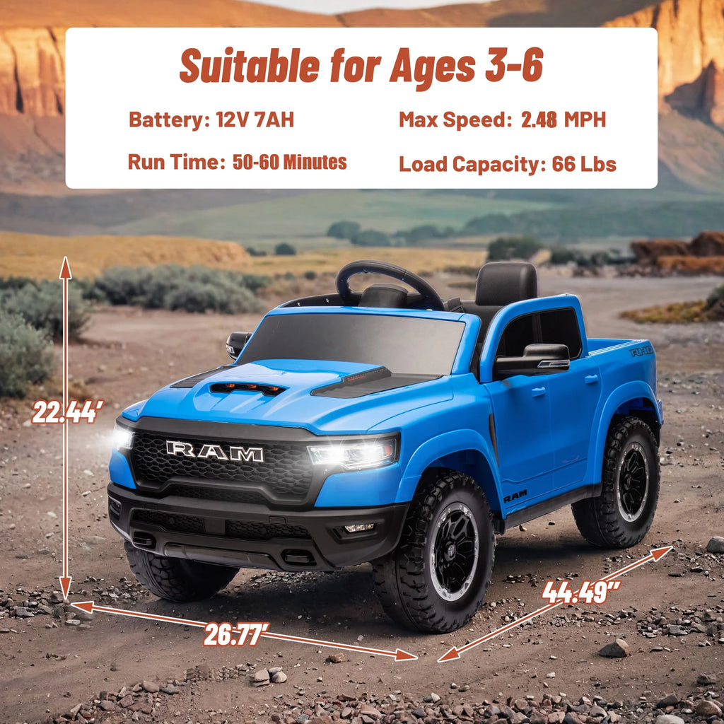 Ram Ride on Car Toys, 12V RAM 1500 Battery Powered Ride on Toy Truck with Remote Control, Electric Car for Kids Girls 3-5 W/ Bluetooth, Rear Storage Trunk, Safety Belt, 4 Wheelers, Blue