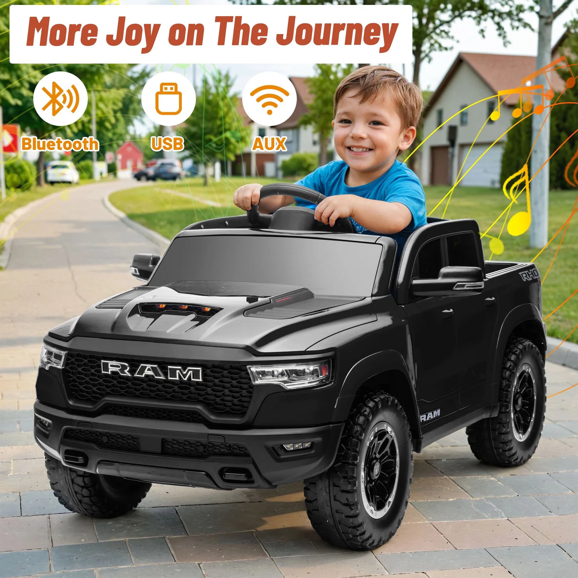 Ram Ride on Car Toys, 12V RAM 1500 Battery Powered Ride on Toy Truck with Remote Control, Electric Car for Kids Girls 3-5 W/ Bluetooth, Rear Storage Trunk, Safety Belt, 4 Wheelers, Black
