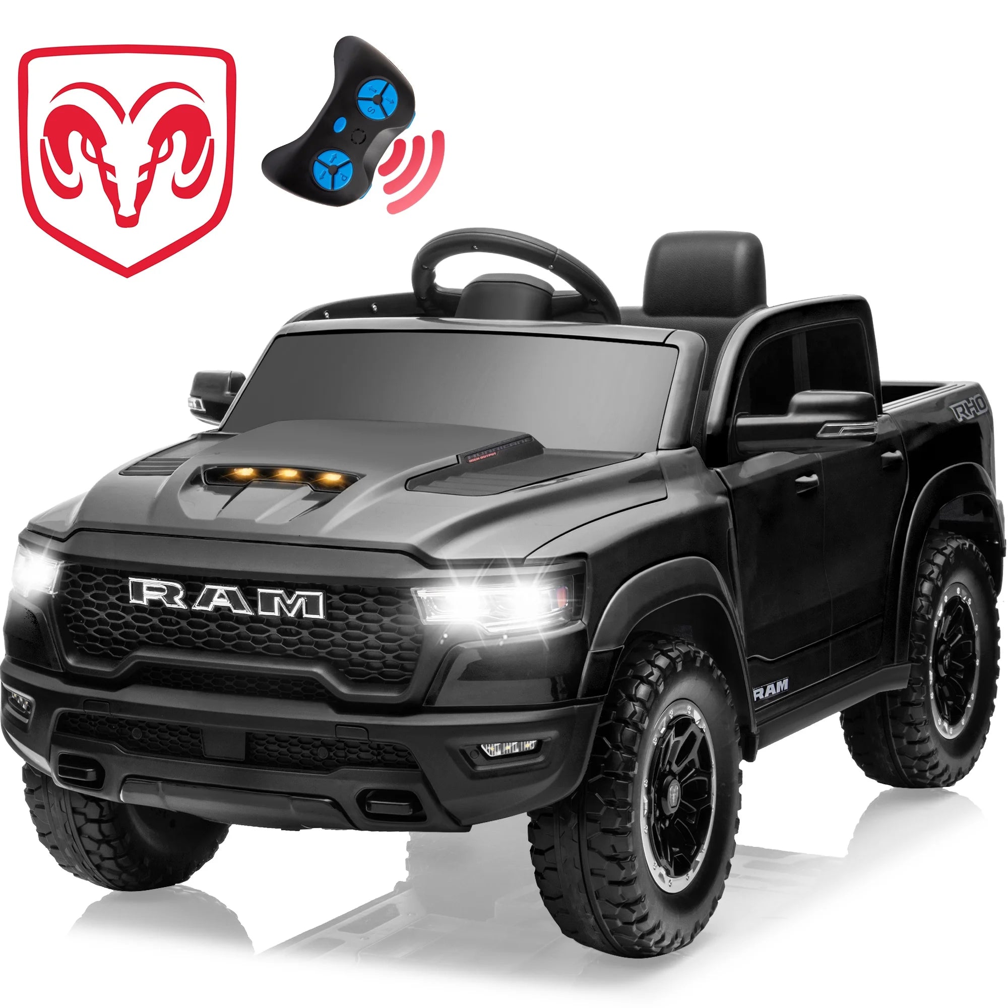 Ram Ride on Car Toys, 12V RAM 1500 Battery Powered Ride on Toy Truck with Remote Control, Electric Car for Kids Girls 3-5 W/ Bluetooth, Rear Storage Trunk, Safety Belt, 4 Wheelers, Black
