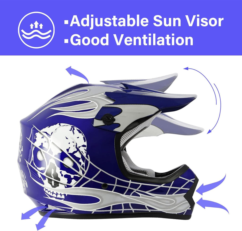 Blue Kids Motorcycle Motocross ATV Dirtbike BMX MX Offroad Full Face Youth Helmet Gloves Goggles Dot Approved