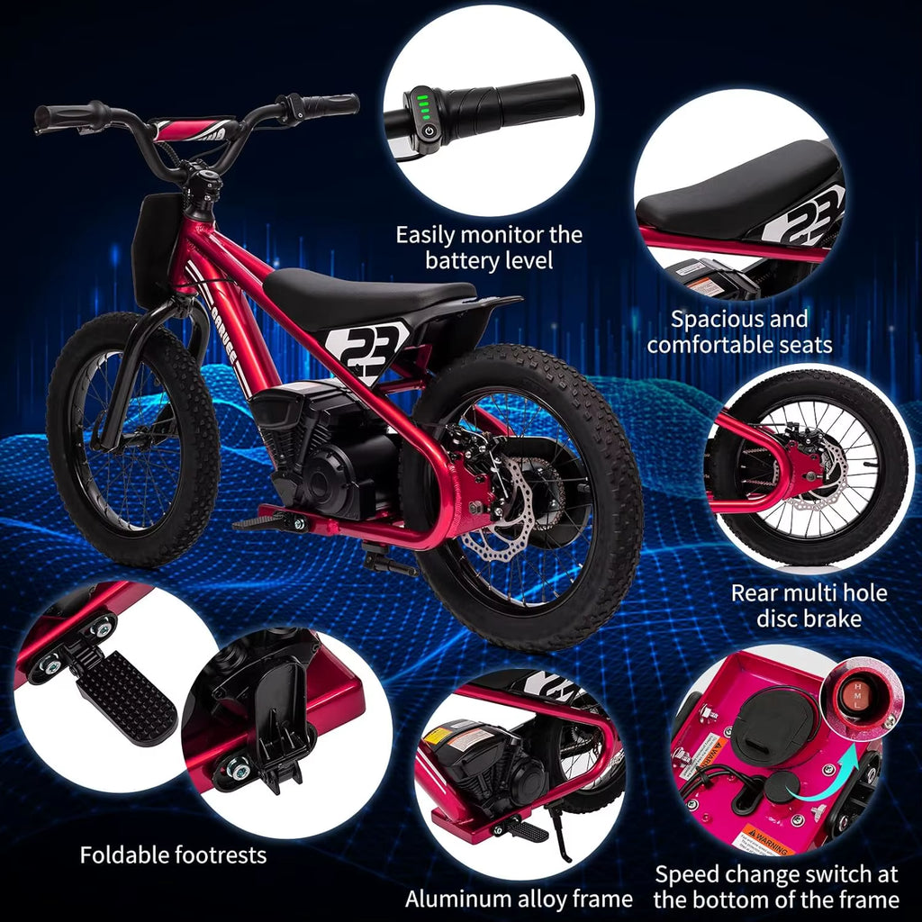 24V Electric Dirt Bike for Kids 250W Electric Motorcycle 16 Inch Electric Balance Bike for Ages 6-12Y up to 15.53MPH & 3 Speed
