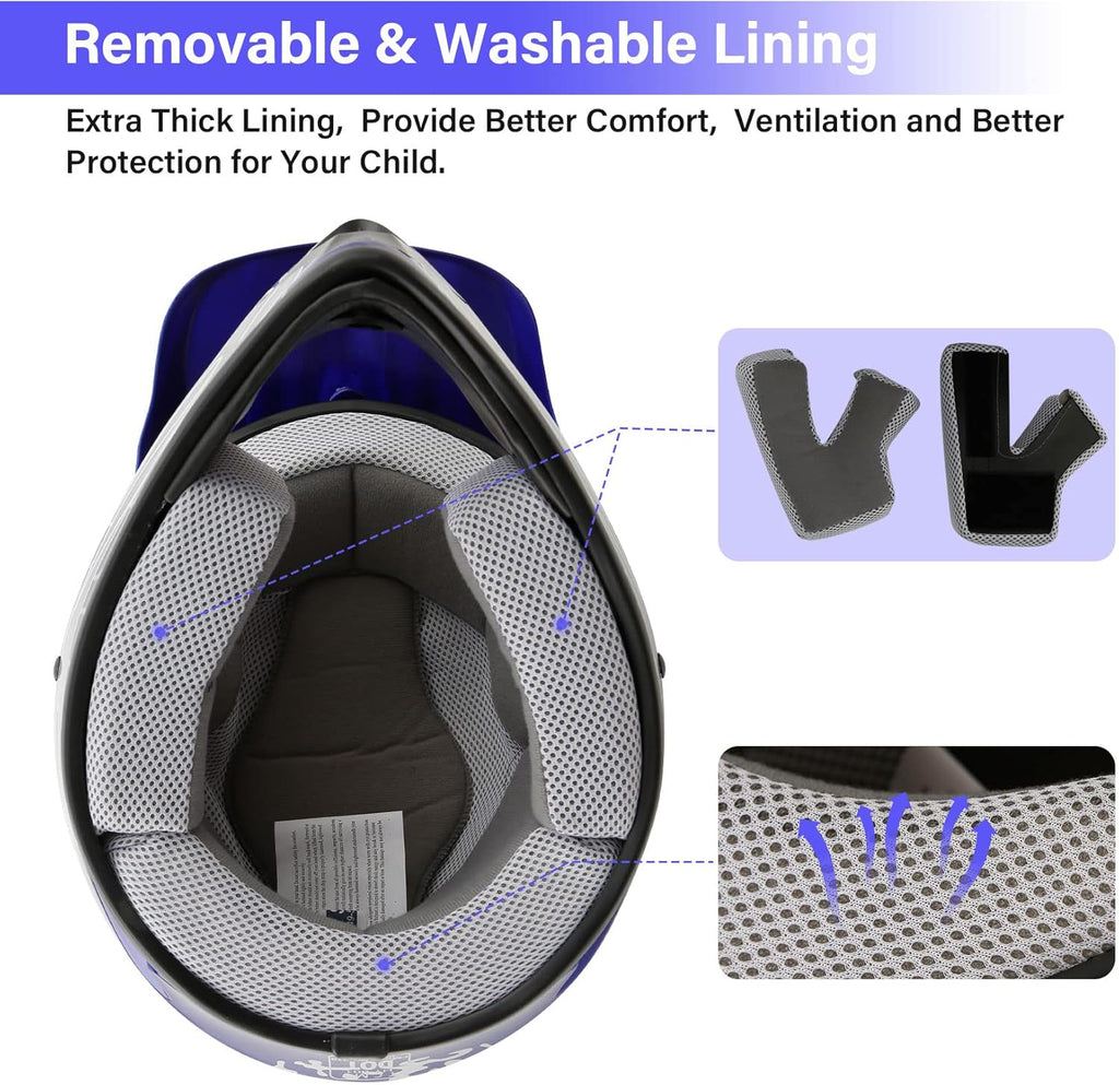 Blue Kids Motorcycle Motocross ATV Dirtbike BMX MX Offroad Full Face Youth Helmet Gloves Goggles Dot Approved