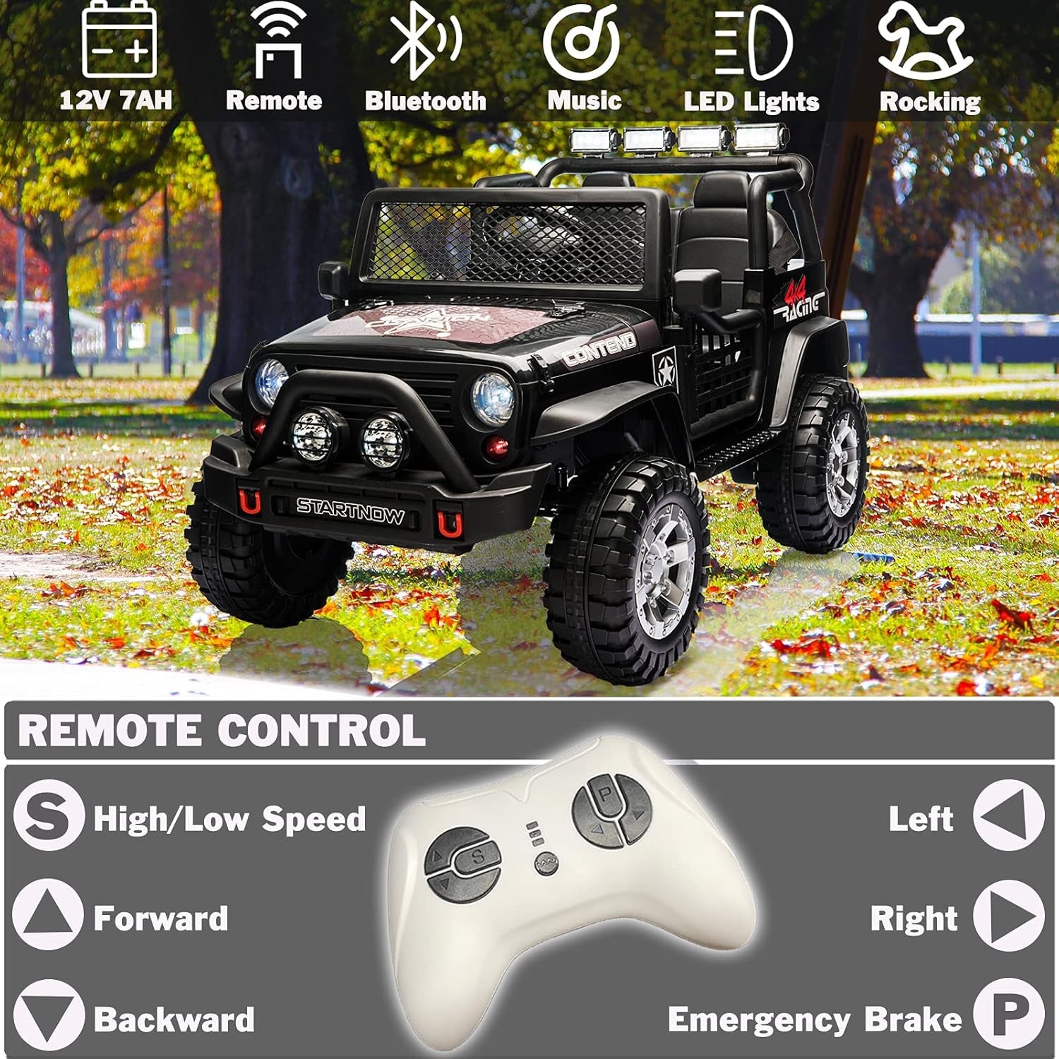 12V Electric Ride on Car with Remote Control Kids Ride on Off-Road Truck Battery Powered Motorized Vehicles Ride on Toys for Kids with Wheels Suspension, Multi-Led Lights, Music, Black