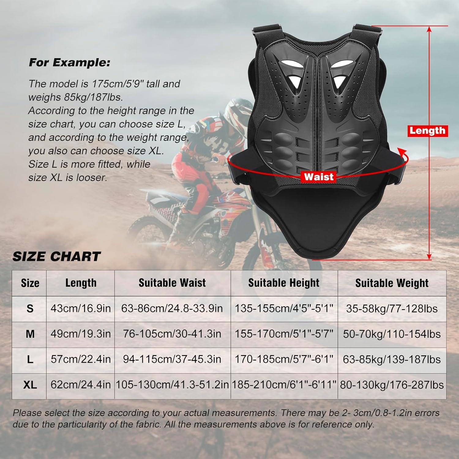 Motorcycle Armor Vest Chest Back, Motocross Body Guard Vest Skiing Riding Skating Anti-Fall Vest Protective Gear