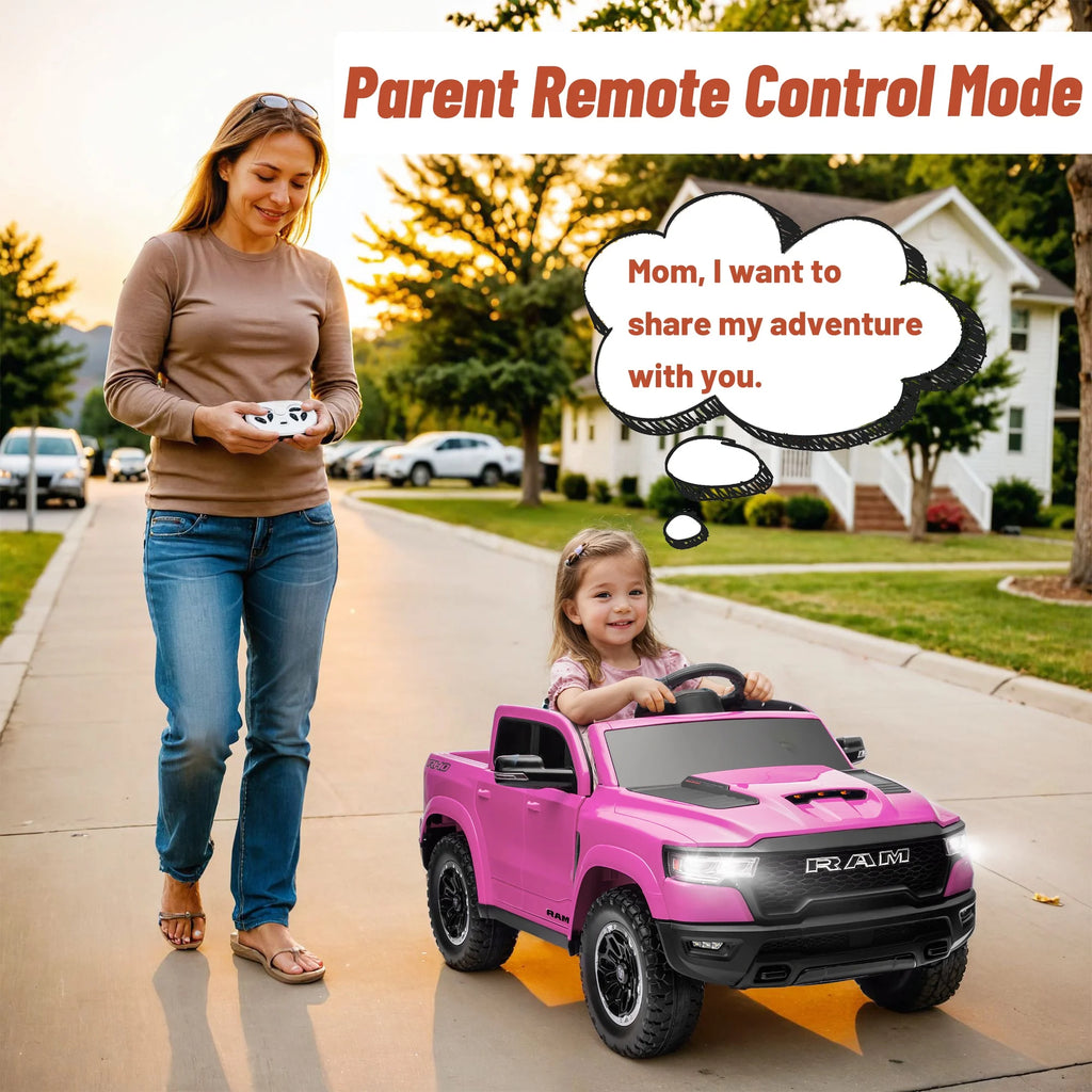 Ram Ride on Car Toys, 12V RAM 1500 Battery Powered Ride on Toy Truck with Remote Control, Electric Car for Kids Girls 3-5 W/ Bluetooth, Rear Storage Trunk, Safety Belt, 4 Wheelers, Pink