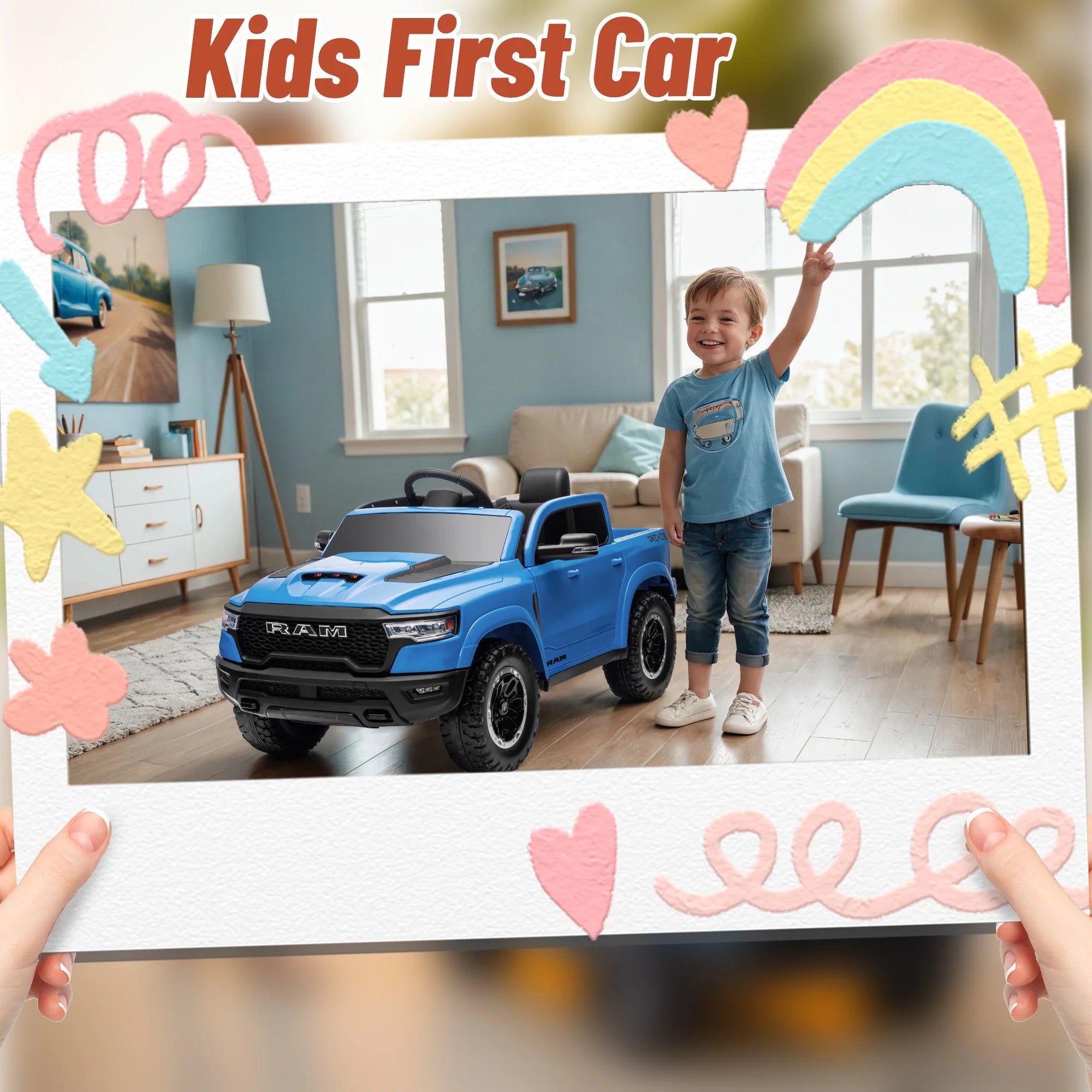 Ram Ride on Car Toys, 12V RAM 1500 Battery Powered Ride on Toy Truck with Remote Control, Electric Car for Kids Girls 3-5 W/ Bluetooth, Rear Storage Trunk, Safety Belt, 4 Wheelers, Blue