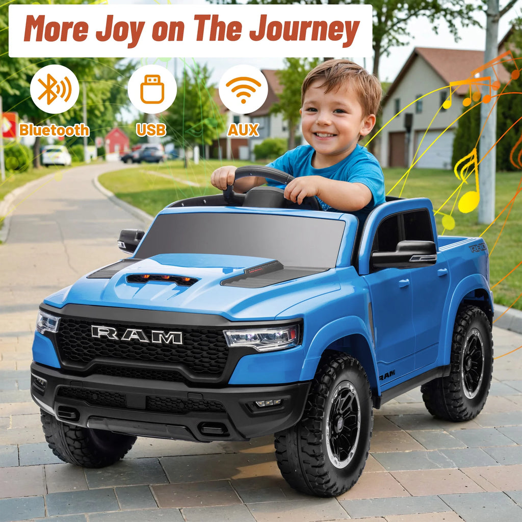 Ram Ride on Car Toys, 12V RAM 1500 Battery Powered Ride on Toy Truck with Remote Control, Electric Car for Kids Girls 3-5 W/ Bluetooth, Rear Storage Trunk, Safety Belt, 4 Wheelers, Blue