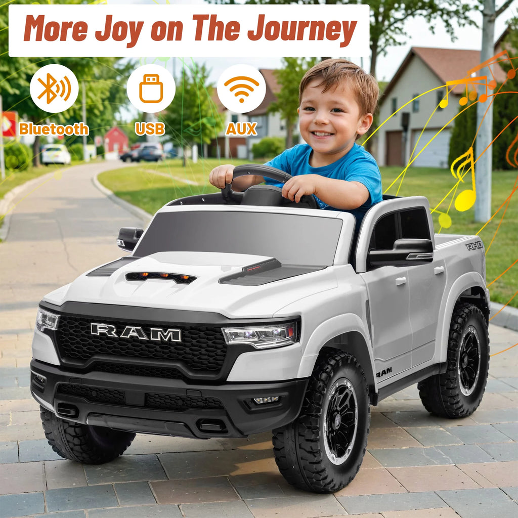 Ram Ride on Car Toys, 12V RAM 1500 Battery Powered Ride on Toy Truck with Remote Control, Electric Car for Kids Girls 3-5 W/ Bluetooth, Rear Storage Trunk, Safety Belt, 4 Wheelers, White