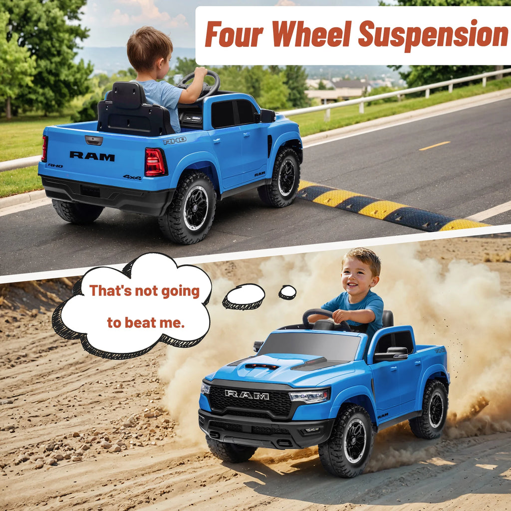 Ram Ride on Car Toys, 12V RAM 1500 Battery Powered Ride on Toy Truck with Remote Control, Electric Car for Kids Girls 3-5 W/ Bluetooth, Rear Storage Trunk, Safety Belt, 4 Wheelers, Blue