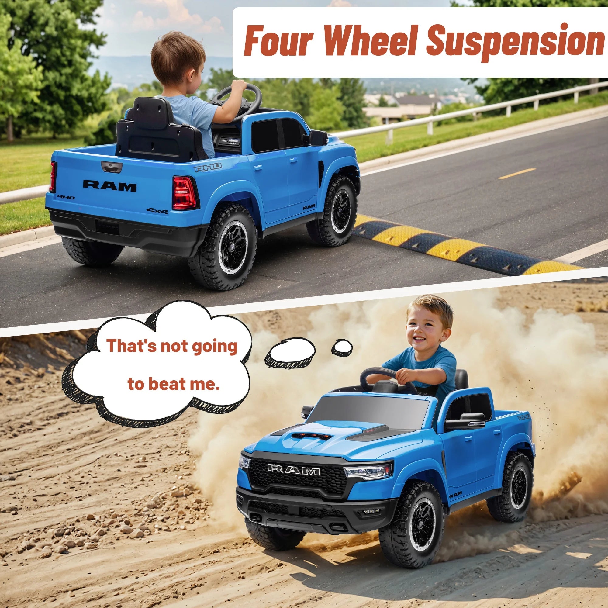Ram Ride on Car Toys, 12V RAM 1500 Battery Powered Ride on Toy Truck with Remote Control, Electric Car for Kids Girls 3-5 W/ Bluetooth, Rear Storage Trunk, Safety Belt, 4 Wheelers, Blue