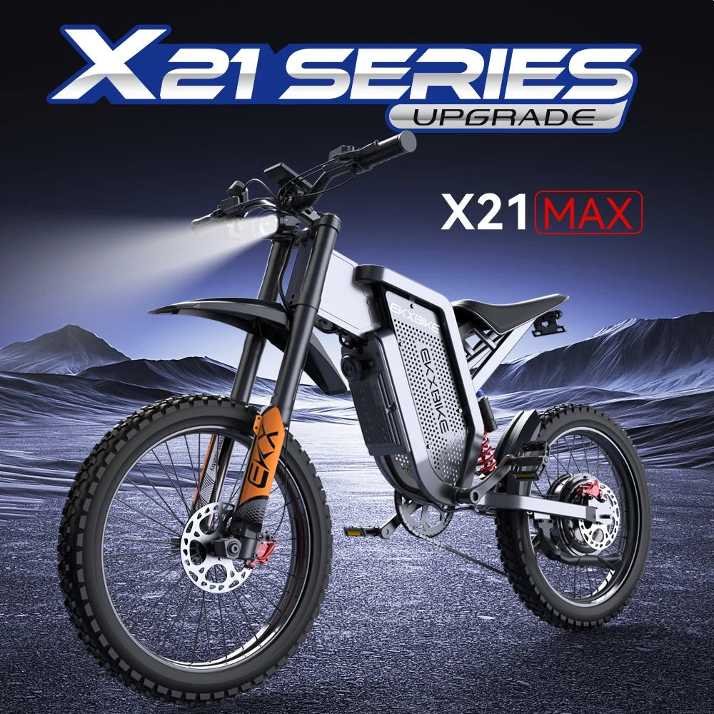 EKX X21 MAX Electric Moutain Dirt Bike for Adults,3000W (Peak 6000W) 45MPH 60V 30AH Removable Samsung Battery E-Bike,19"X2" Offroad Tire Electric Motorcycle Bicycle 7 Speed Full Suspension UL2849