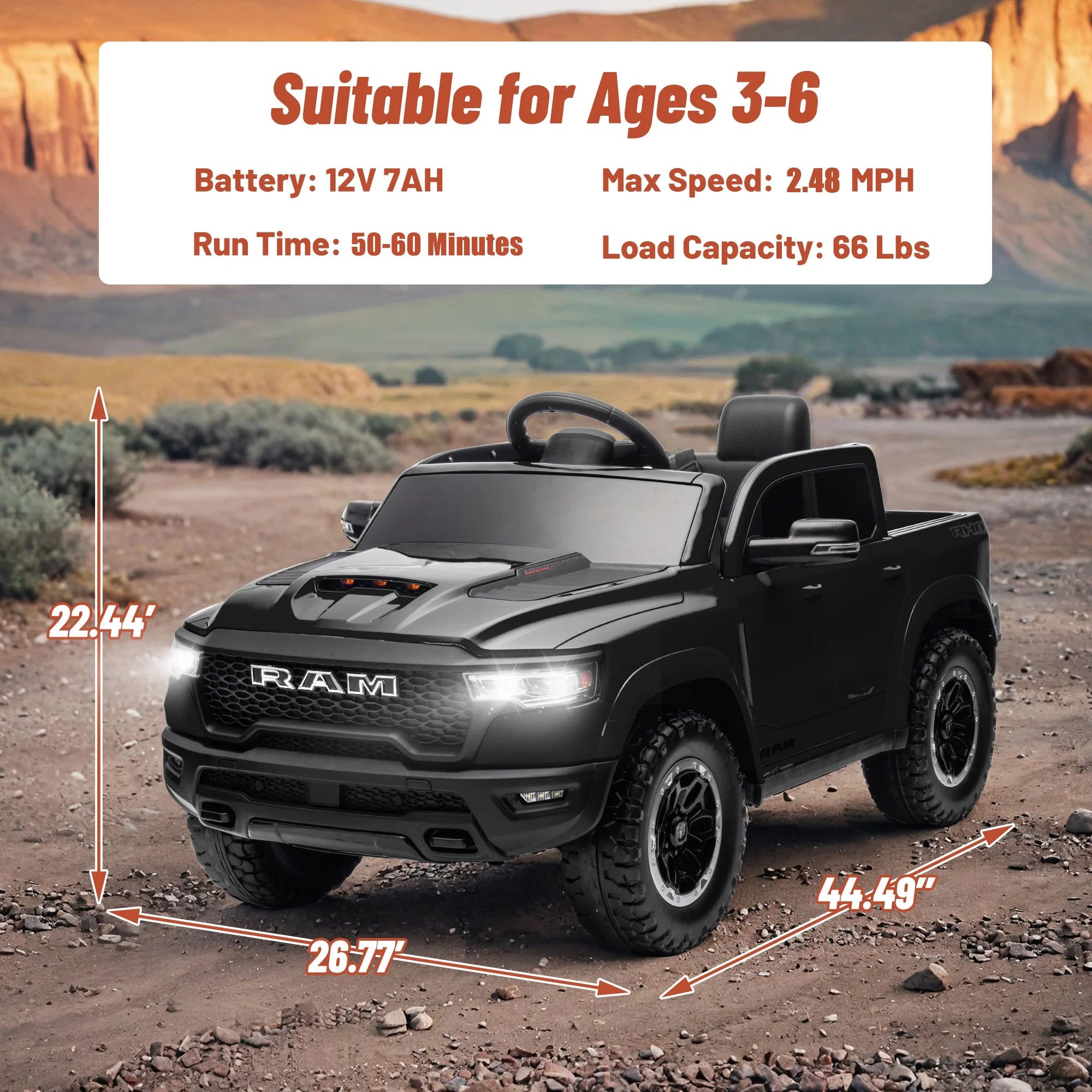 Ram Ride on Car Toys, 12V RAM 1500 Battery Powered Ride on Toy Truck with Remote Control, Electric Car for Kids Girls 3-5 W/ Bluetooth, Rear Storage Trunk, Safety Belt, 4 Wheelers, Black