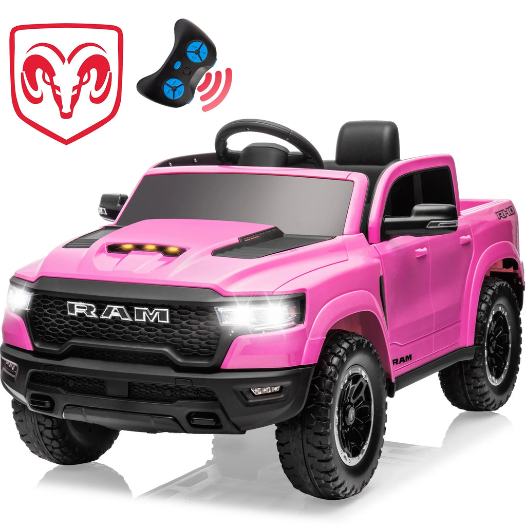 Ram Ride on Car Toys, 12V RAM 1500 Battery Powered Ride on Toy Truck with Remote Control, Electric Car for Kids Girls 3-5 W/ Bluetooth, Rear Storage Trunk, Safety Belt, 4 Wheelers, Pink