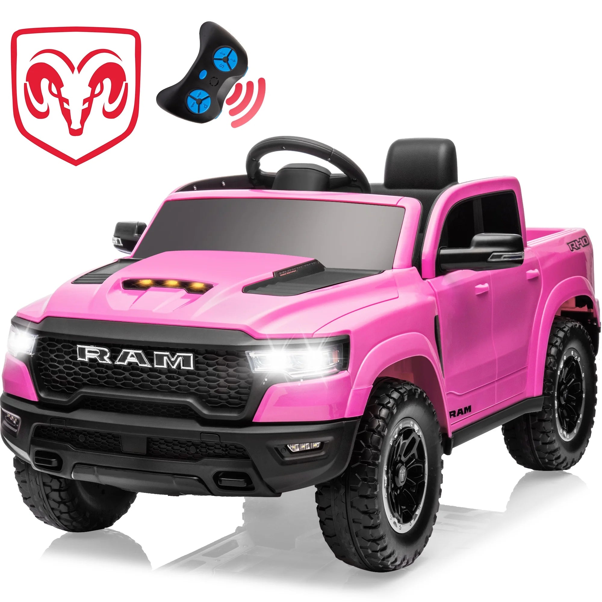 Ram Ride on Car Toys, 12V RAM 1500 Battery Powered Ride on Toy Truck with Remote Control, Electric Car for Kids Girls 3-5 W/ Bluetooth, Rear Storage Trunk, Safety Belt, 4 Wheelers, Pink